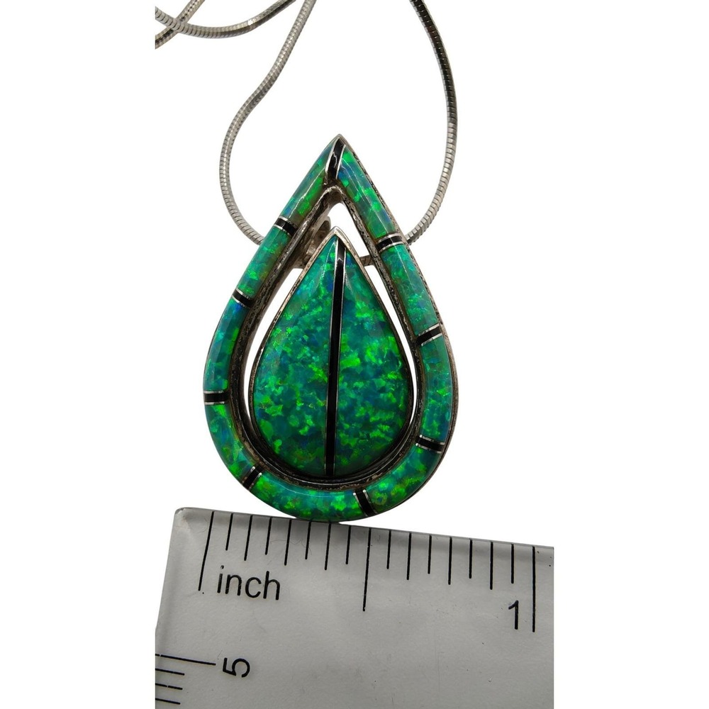 Sterling Silver Green Opal Inlay Teardrop Pendant Necklace Southwest Style 18.5" - Picture 2 of 9